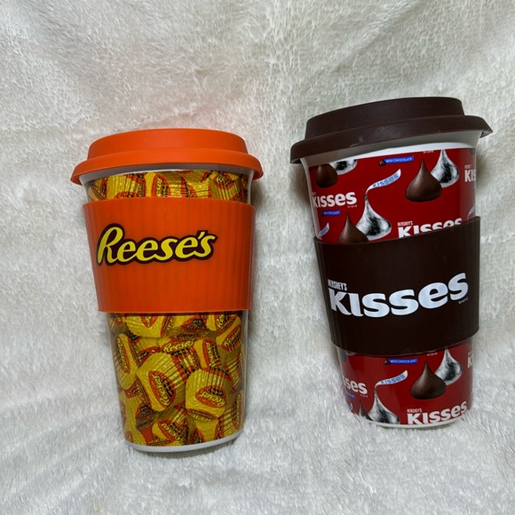 Reese's and Hershey Kisses Ceramic Travel Mugs w/Silicone Lid & Grip by Galerie - Picture 1 of 5